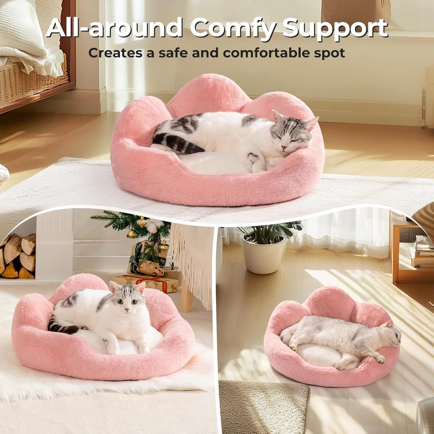 Mewoofun Fluffy Cat Couch Bed – 23" Round Washable Sofa with Non-Slip Bottom for Indoor Cats & Small Dogs