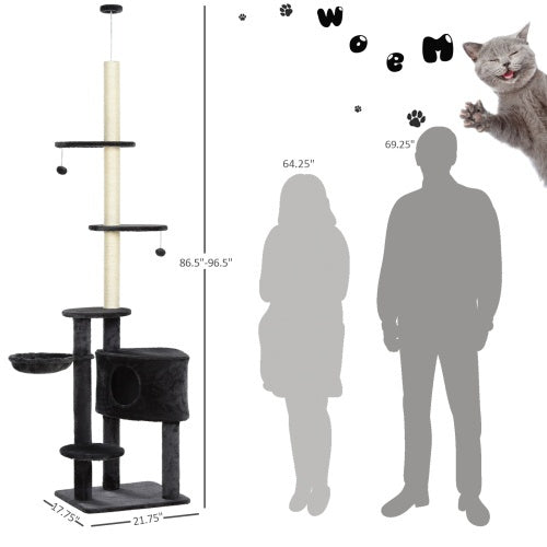 PawHut Adjustable Height Floor-to-Ceiling Vertical Cat Tree – Dark Grey