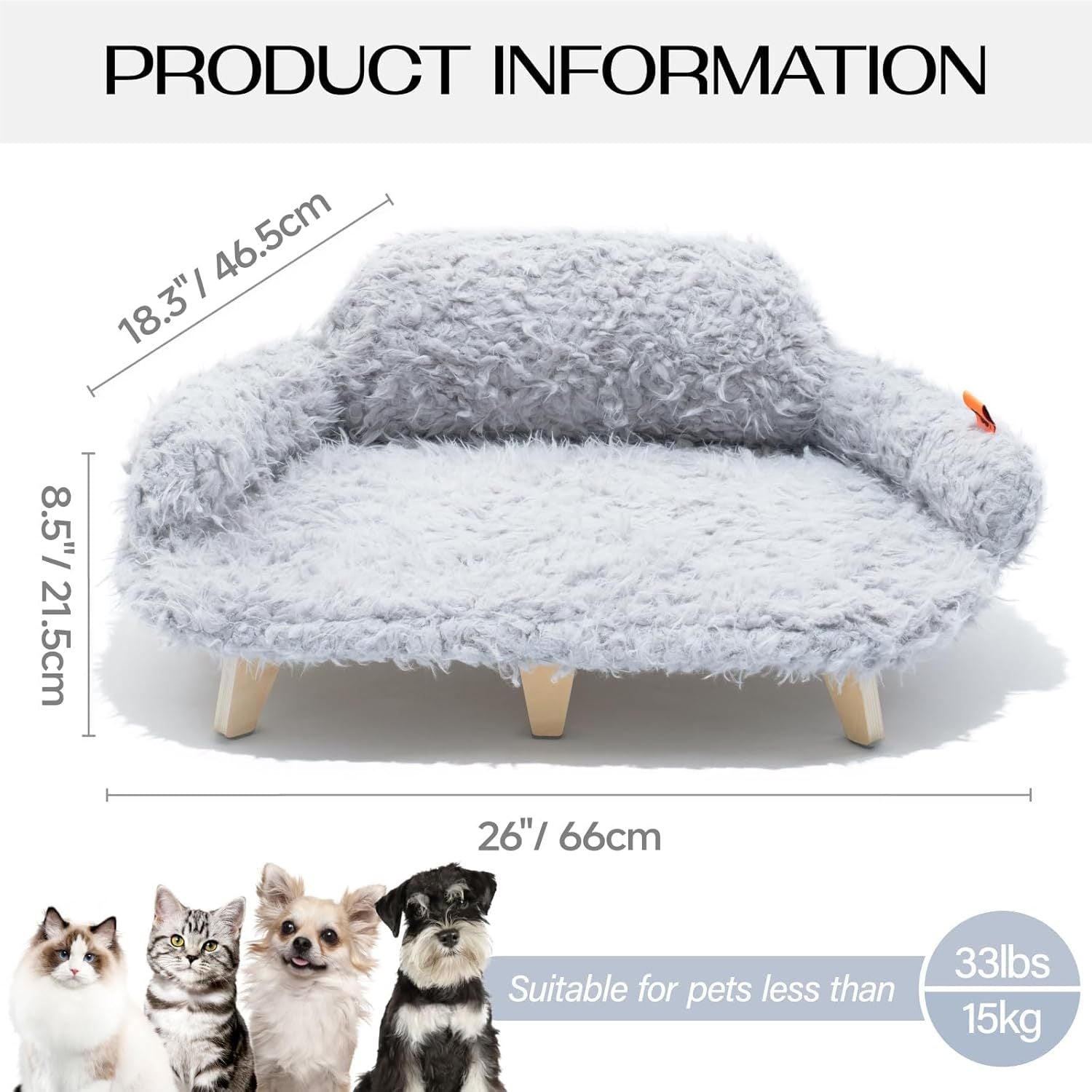 Mewoofun Elevated Cat Bed – 26"x18.3"x8.5" Wooden Pet Sofa with Washable Cover for Cats & Small Dogs, Grey