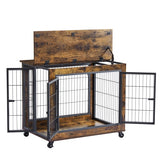 Furniture-Style Dog Crate Side Table – Rustic Brown Wooden Kennel with Double Doors, Lift-Top & Wheels