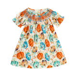Toddler Baby Girl Pumpkin Smocked Dress – Fall Thanksgiving Halloween Embroidered Princess Party Outfit