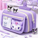 Kuromi Transparent Multi-Compartment Pencil Case – Large Capacity, Free Stickers, Violet-White Design