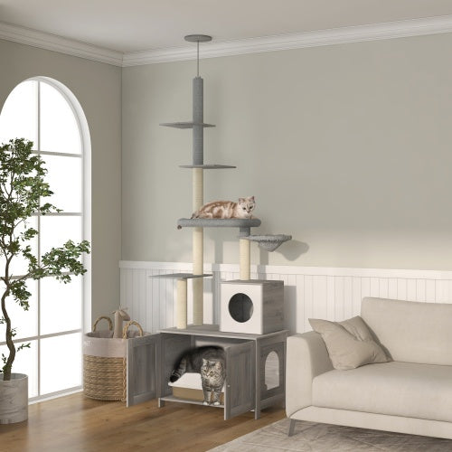 PawHut 2-in-1 Cat Tree with Litter Box Enclosure – Floor-to-Ceiling Cat Tower with Condo, Hammock, Scratching Posts & Platforms (Gray)