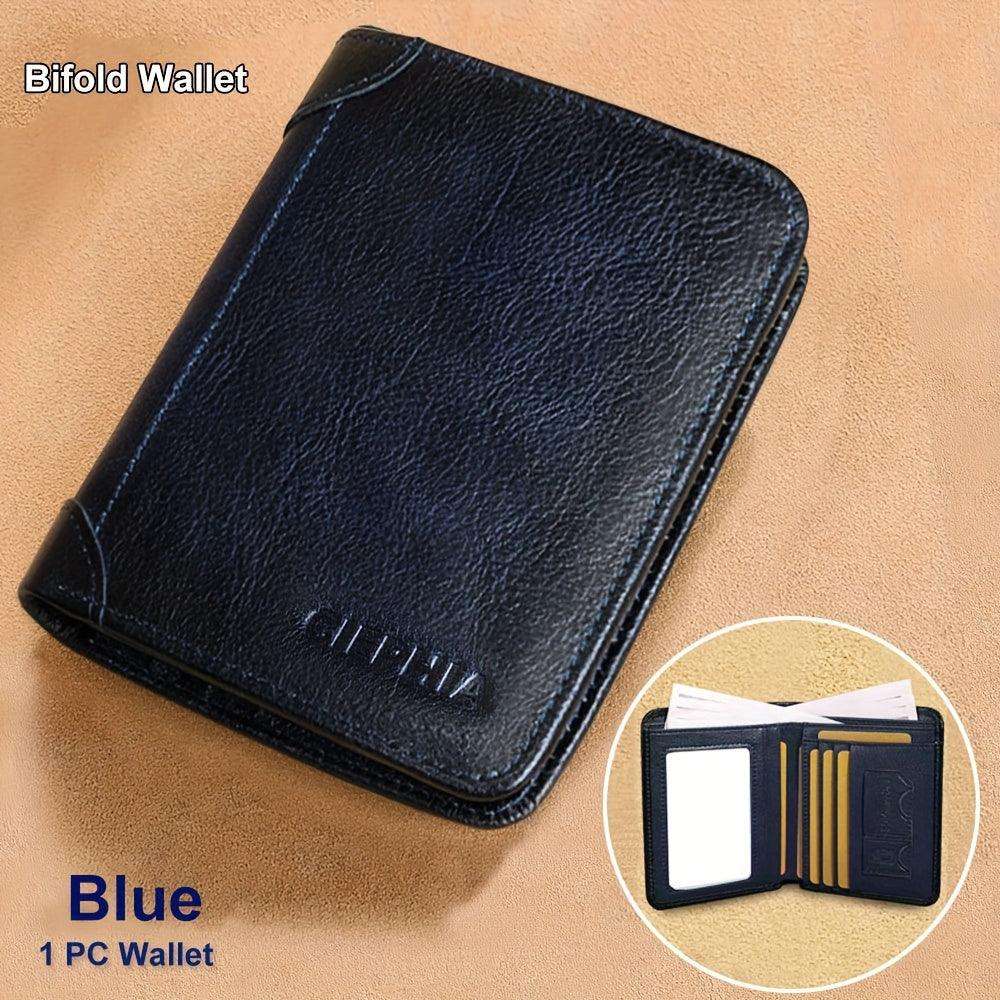 RFID Blocking Trifold Genuine Leather Wallets For Men, Top Layer Cowhide Vintage Short Multi Function Credit Card Holder, Money Clips With 2 ID Windows Valentine'S Day Gifts For Men - PulinGO
