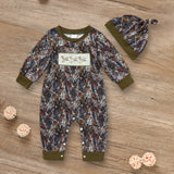 2Pcs Newborn Baby Boy Outfit – Long Sleeve Animal Print Romper with Matching Hat (Fall/Winter Set)