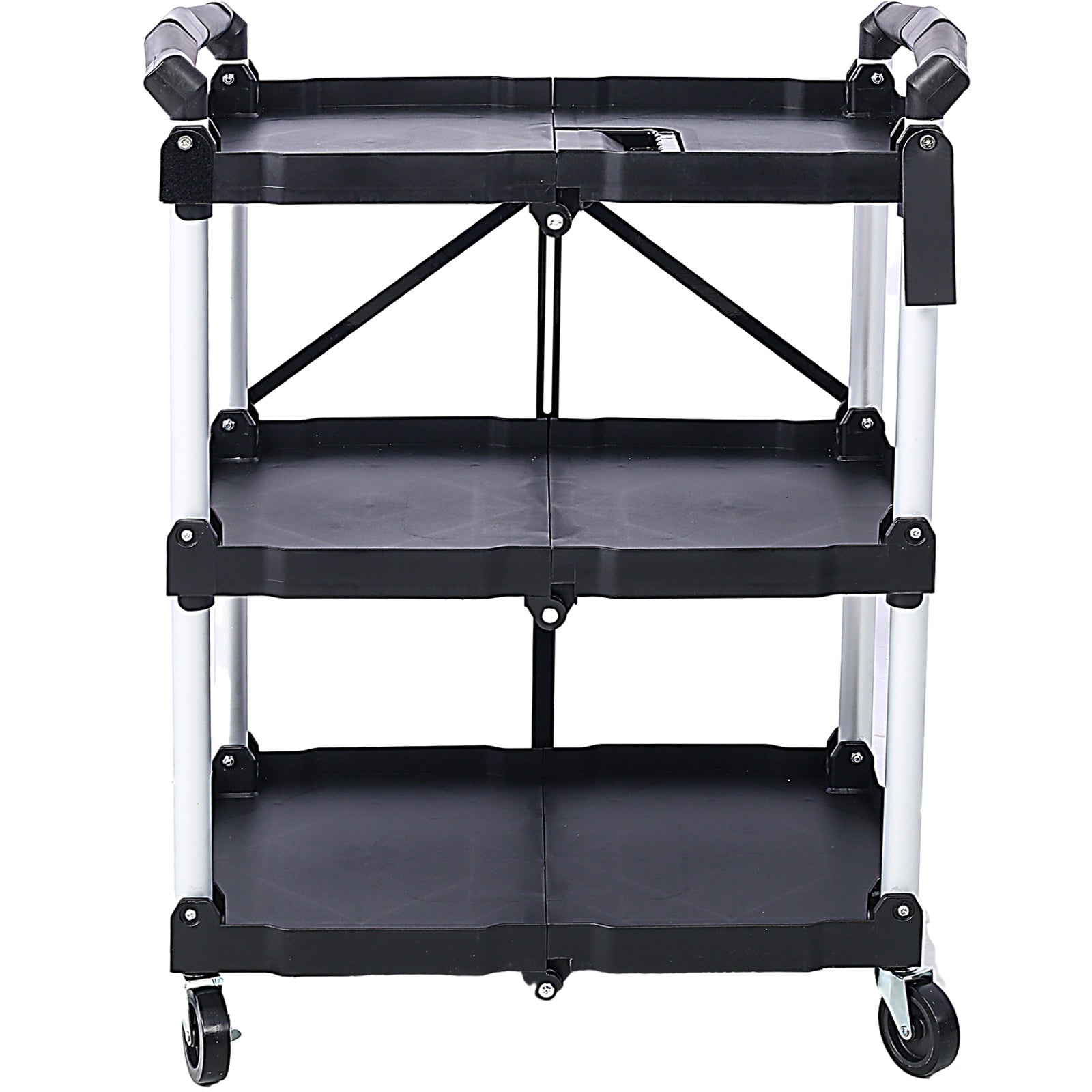 Folding Service Cart – Iron Frame & Plastic Shelves, Collapsible Utility Cart with Wheels