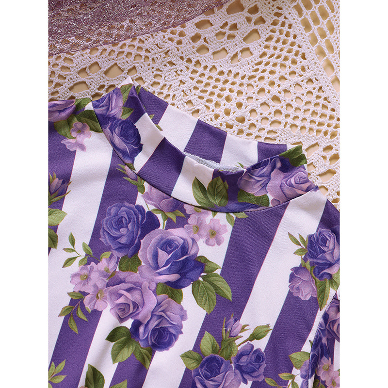 Toddler Girl Purple Rose Print Outfit – Stripe Top with Belted Skirt Set, Cute Holiday & Going Out Clothes for Spring and Fall