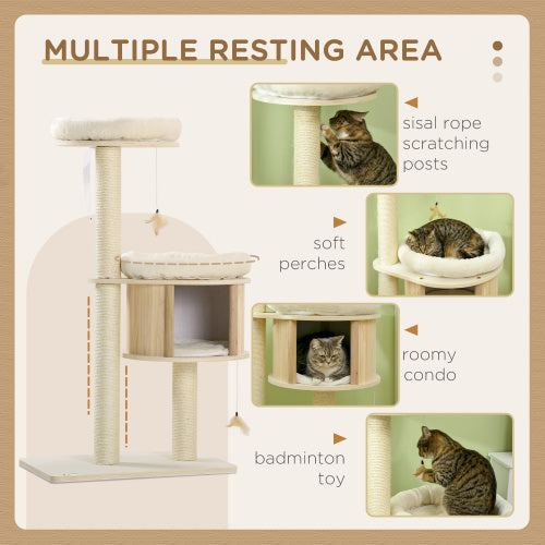 PawHut 3-Level Cat Tree with Sisal Scratching Posts & Badminton Toy