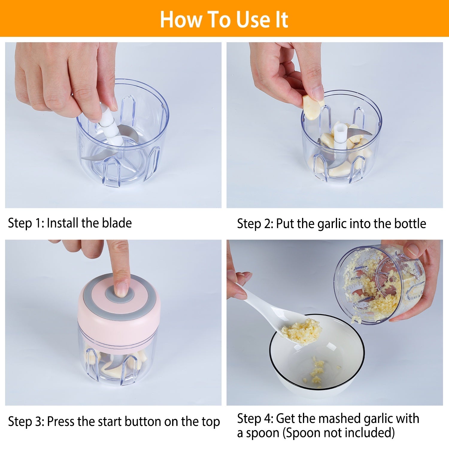 Mini Electric Garlic Chopper – 8.45 oz Cordless Food Chopper with USB Recharge & Stainless Steel Blades