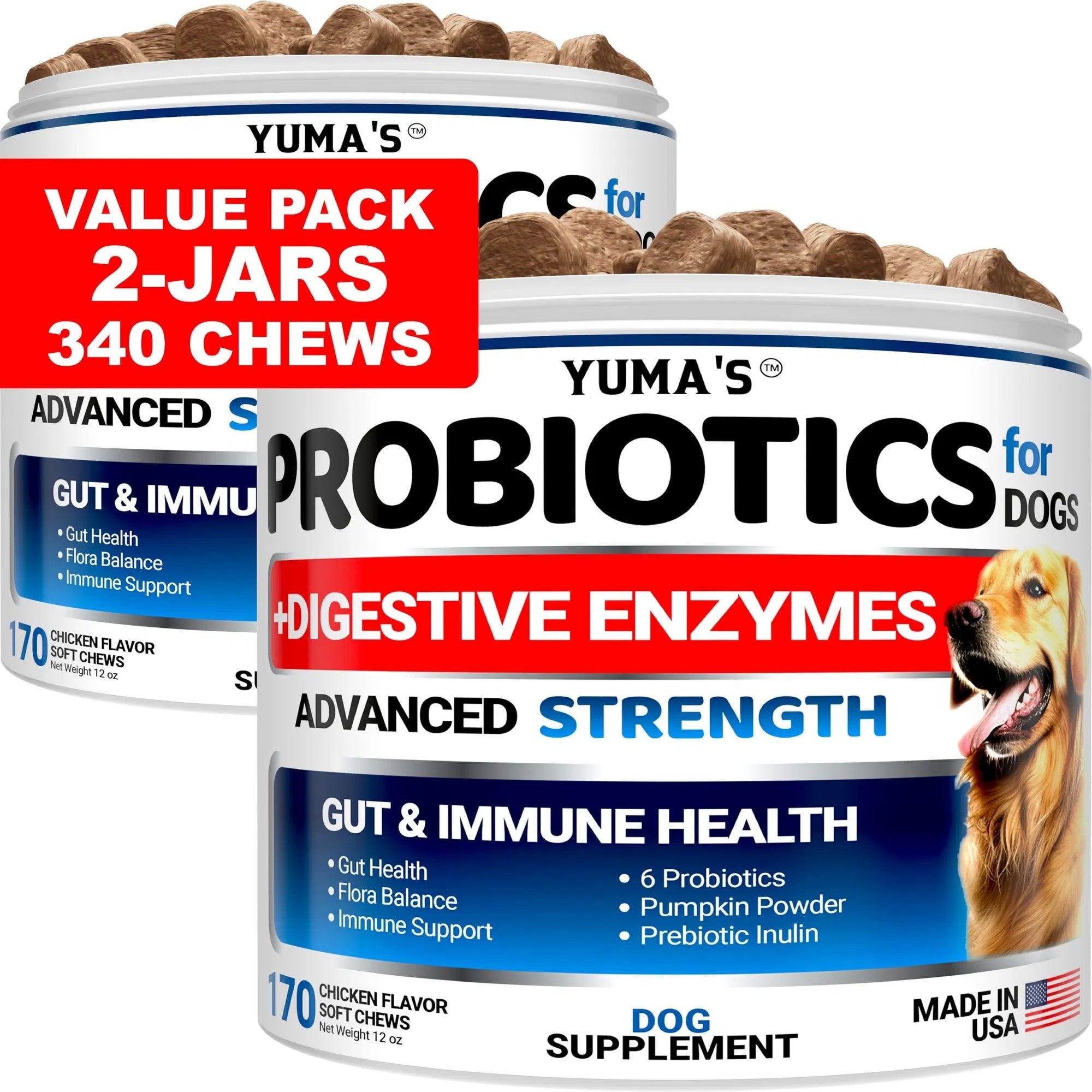 2-Pack Probiotics for Dogs with Digestive Enzymes – Prebiotics & Fiber Chews for Diarrhea, Gas & Constipation Relief