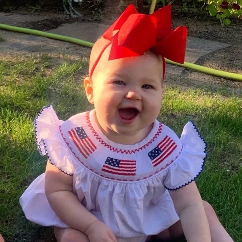 Baby Girl 4th of July Bubble Romper – Smocked Fly Sleeve Bodysuit 🇺🇸