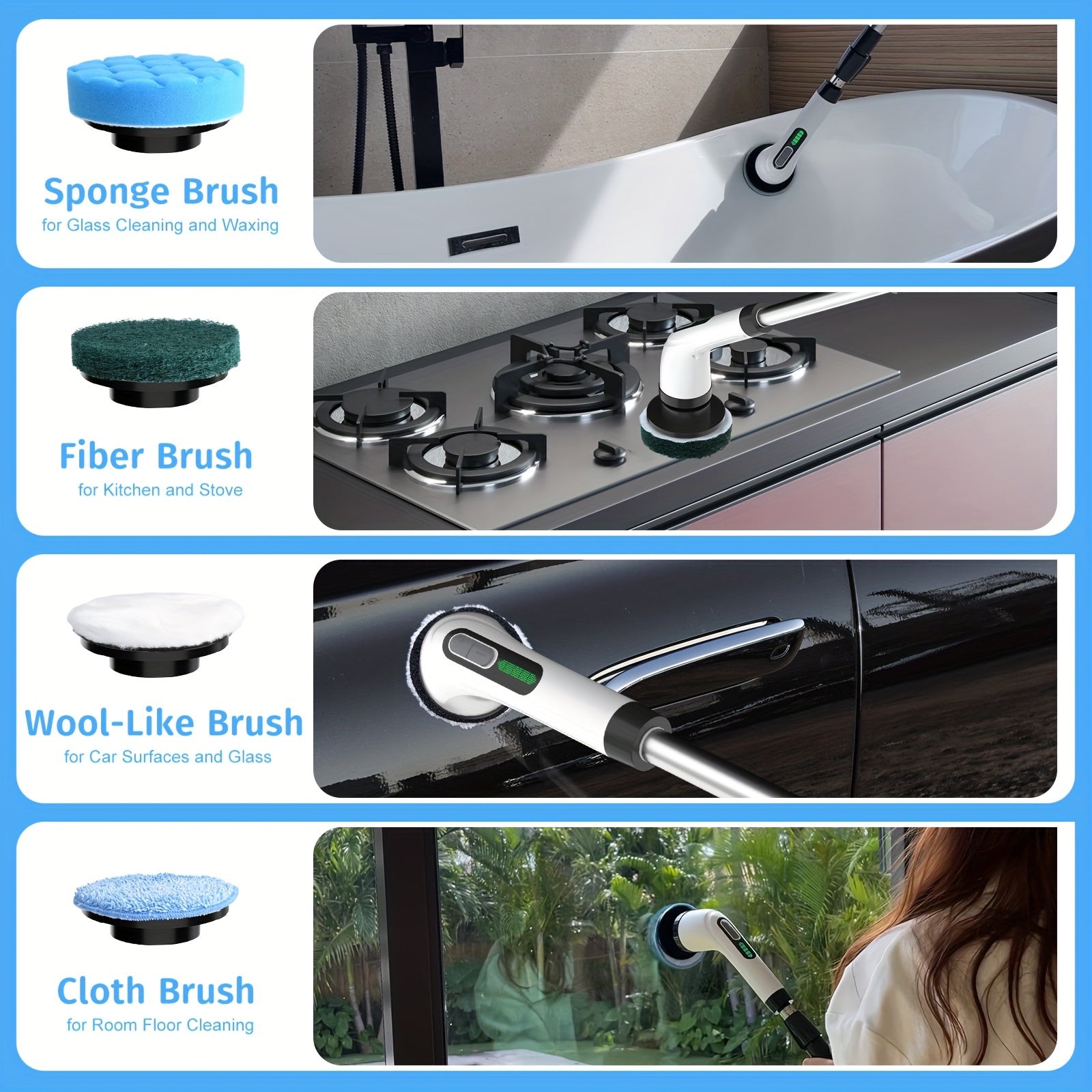 24 V Electric Spin Scrubber with Adjustable Handle & 8 Brush Heads – Adjustable Extension Handle, 2 Speed Settings for Bathroom, Kitchen, Car, Walls