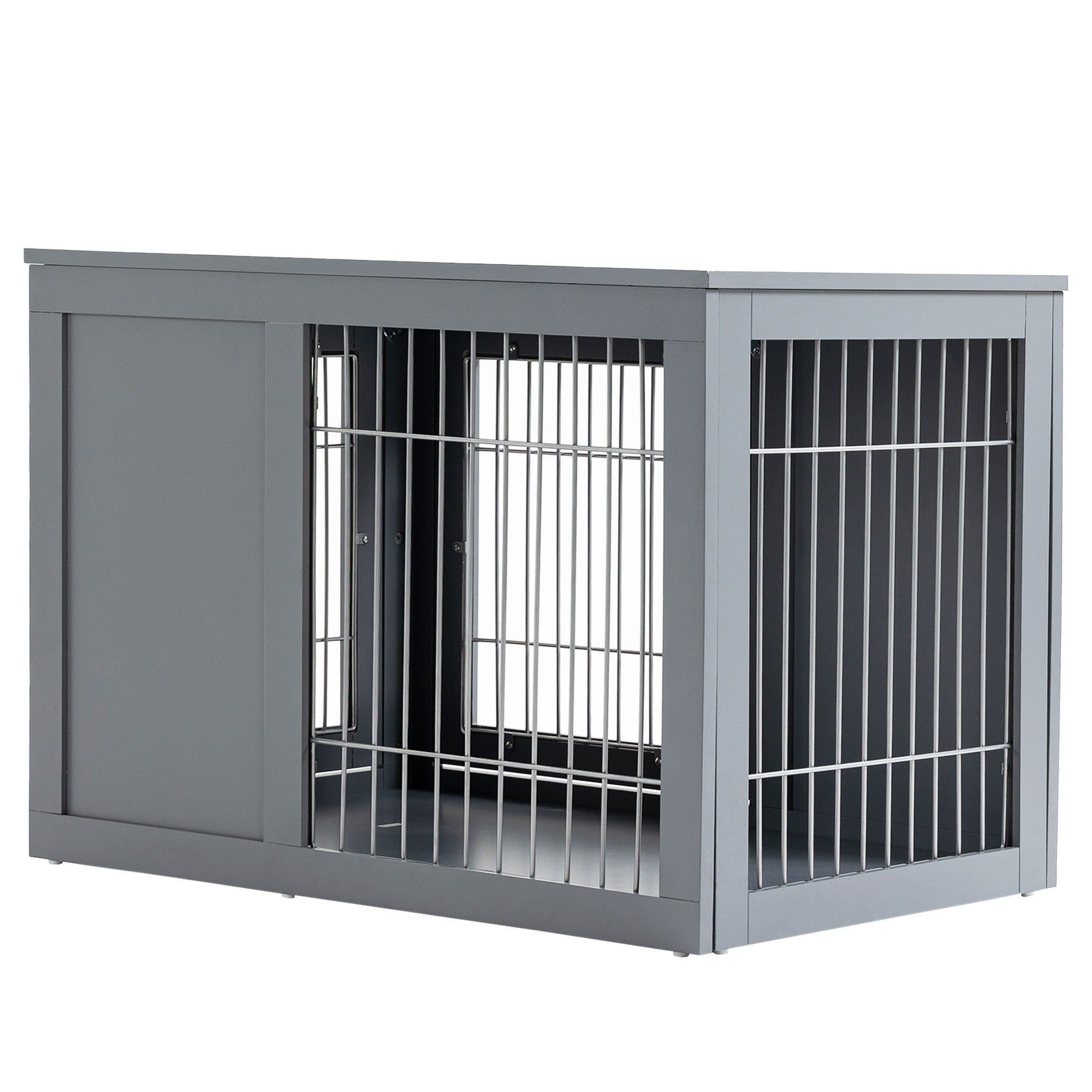 Dog Cage Furniture – Grey Metal Indoor Pet Crate with Double Doors, Secure Locks & End Table Design for Small & Medium Dogs