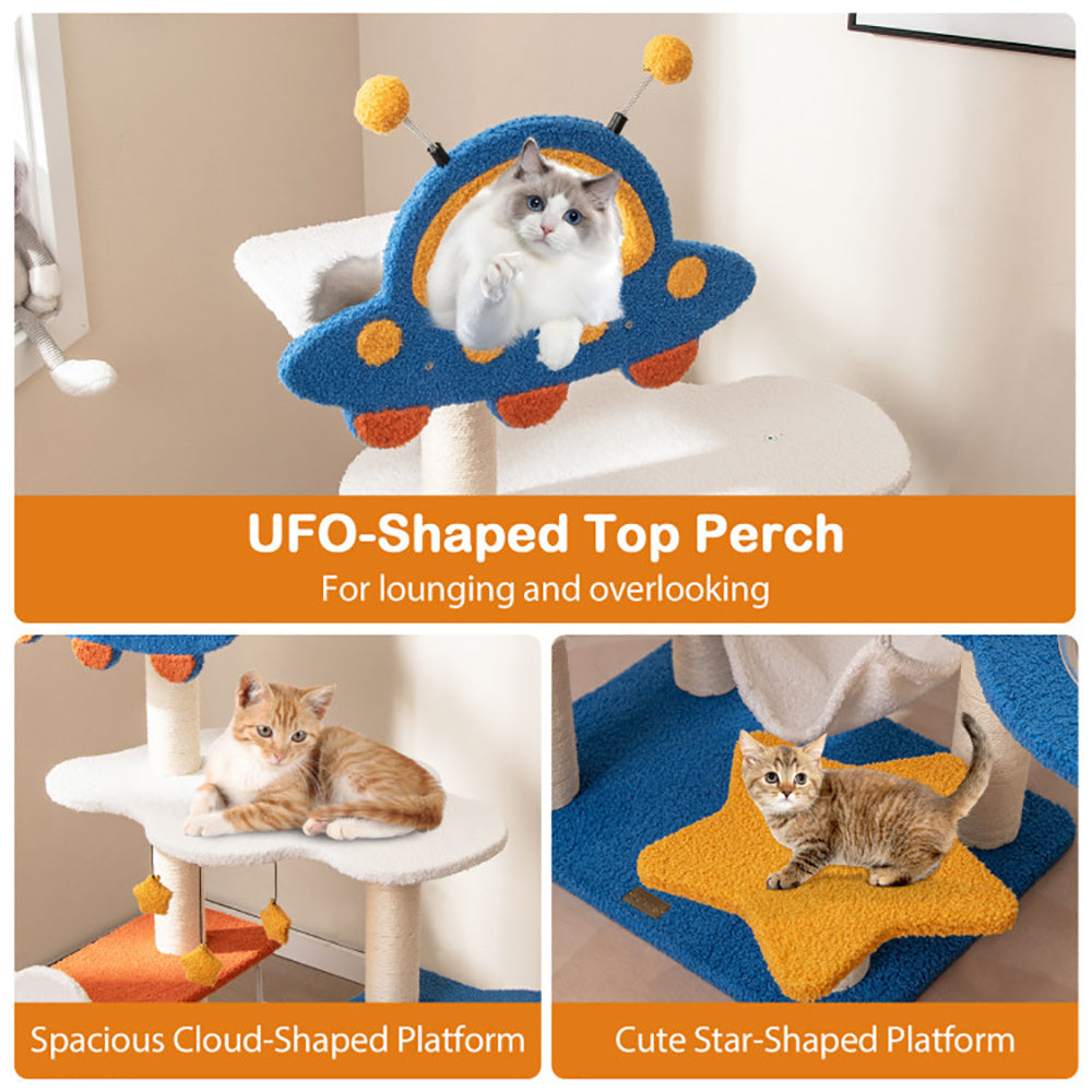 49" Tall Cat Tree Tower with UFO Space Capsule Top Perch & Sisal Scratching Posts – Multi-Level Indoor Cat Furniture