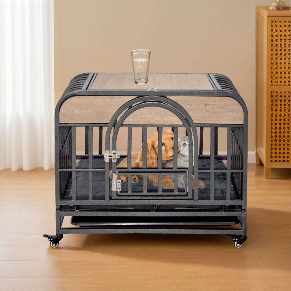 46" Heavy-Duty Furniture-Style Dog Crate with Removable Trays & Wheels