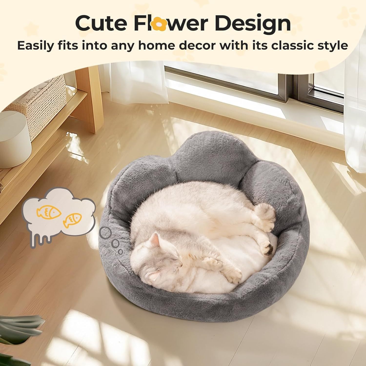Mewoofun Cat & Small Dog Bed – 23" Grey Fluffy Flower-Shaped Washable Sofa Bed with Non-Slip Bottom for Puppies & Kittens
