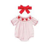 Newborn Baby Girls Valentine’s Day Smocked Romper – Short Sleeve Heart Embroidery Jumpsuit ❤️👶