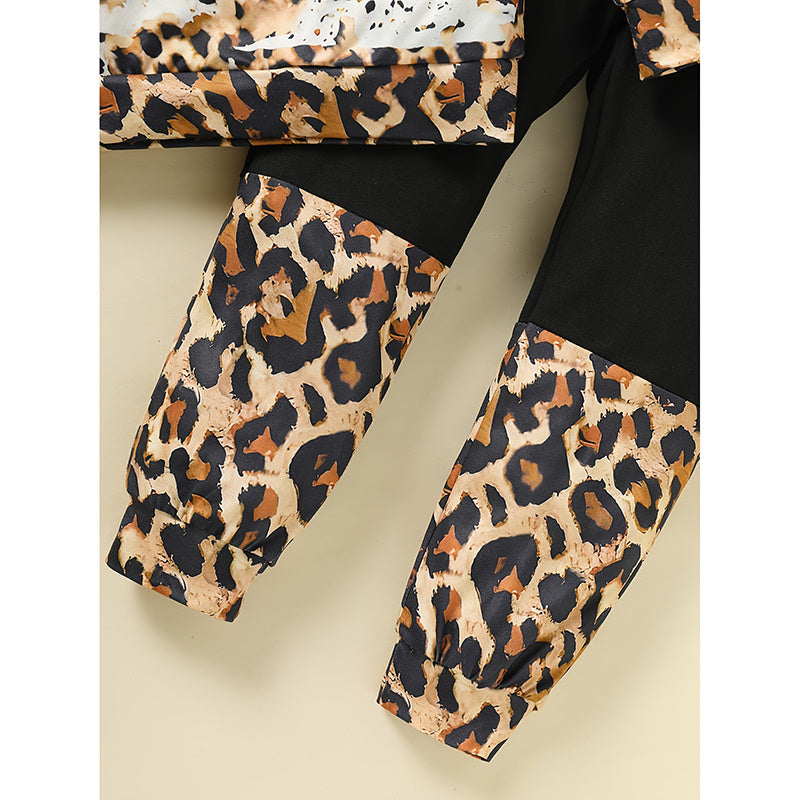 Toddler Girls Fall/Winter Outfit – Leopard Letter Print Sweatshirt & Sweatpant 2-Piece Set