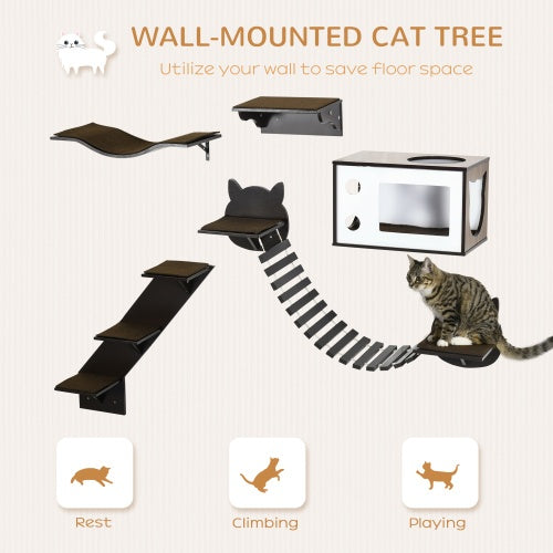 PawHut Cat Shelves – Wall-Mounted Cat Tree with Curved Platform, Cozy House, Bridge, Easy Stairs & Flat Perch, Coffee Brown