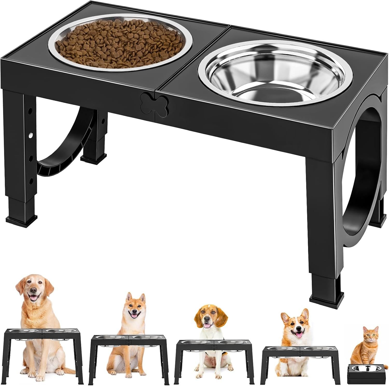 XIA Z Fashion Pet Products – Black Dog Bowl Holder with Double Stainless Steel Feeding Bowls, Non-Slip Elevated Stand