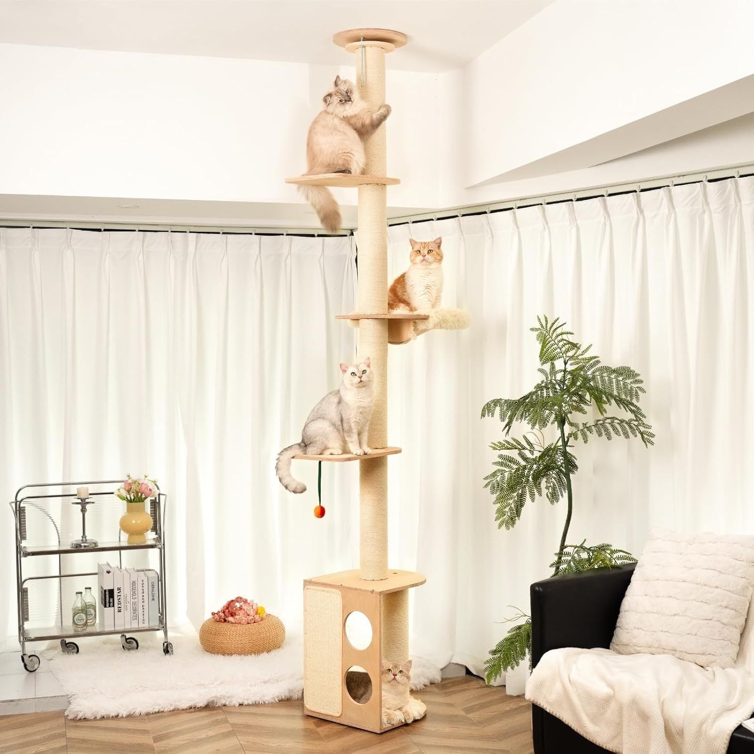 108" Floor-to-Ceiling Cat Tree – Wooden Multi-Level Tower with Sisal Scratching Posts, Perches & Hammock