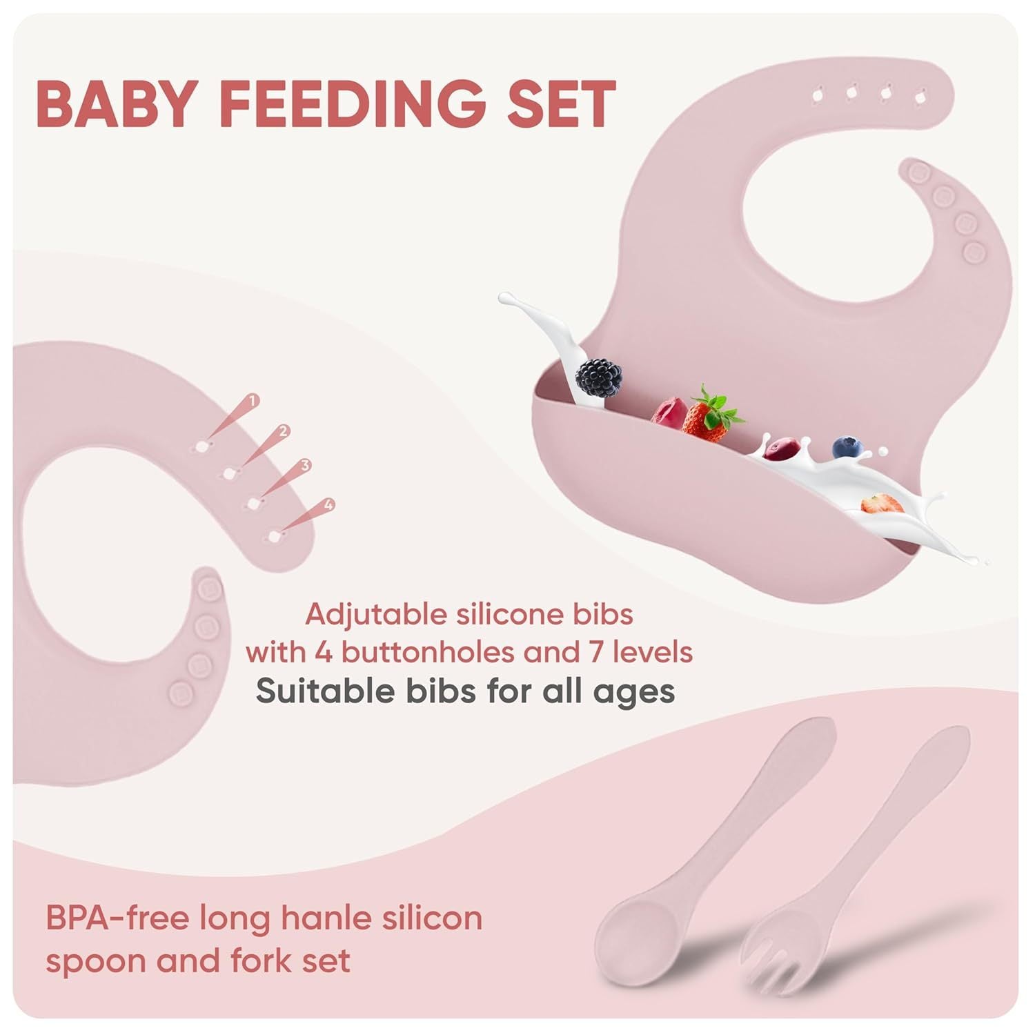 Silicone Baby Feeding Set 10 PCS – Suction Bowl, Divided Plate, Bib, Spoon & Fork, Snack Cup (Sakura Pink)