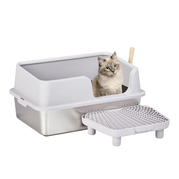 Extra-Large Stainless Steel & Plastic Litter Box with Snap-On Enclosure, Spatula & Foot Pad – Grey (61 × 40 × 33 cm)