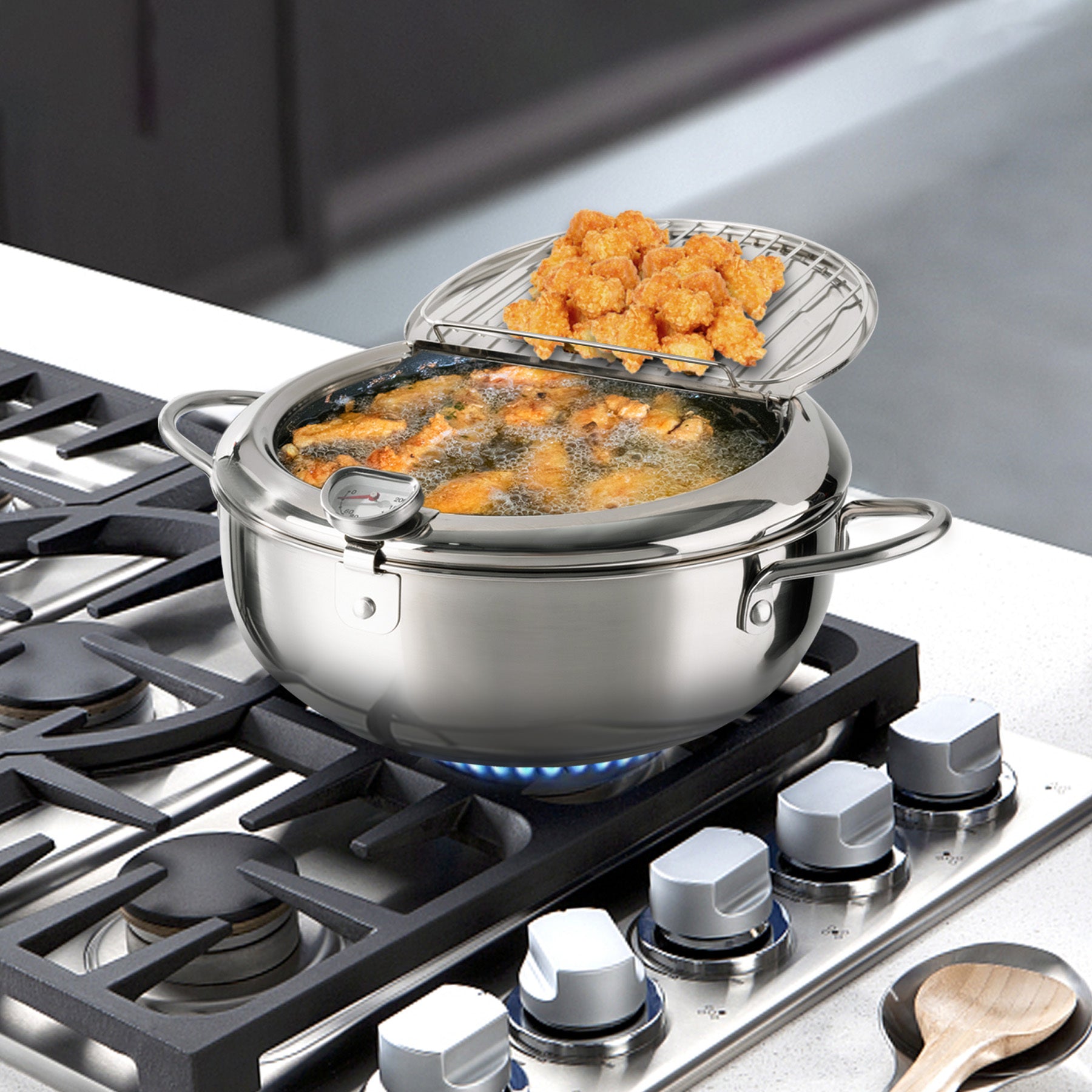 High-Quality Stainless Steel Pot Type 1 – 304 Tempura Fryer Pot with Thermometer and Pour Spout