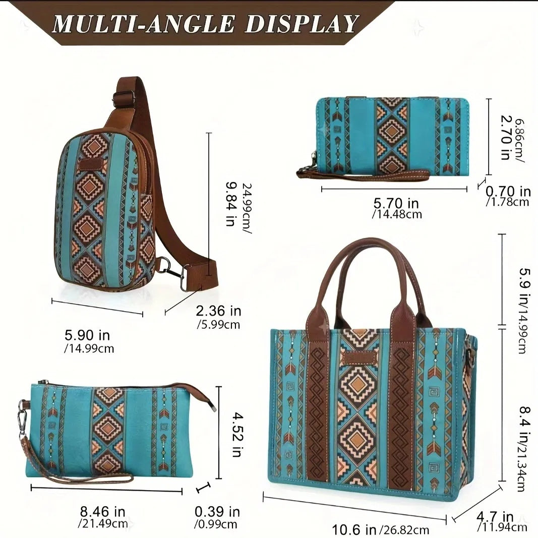 4PCS Women’s Purse Tote Set 💼 Retro Work Satchel + Lightweight Boho Chic Everyday Bags (Green)