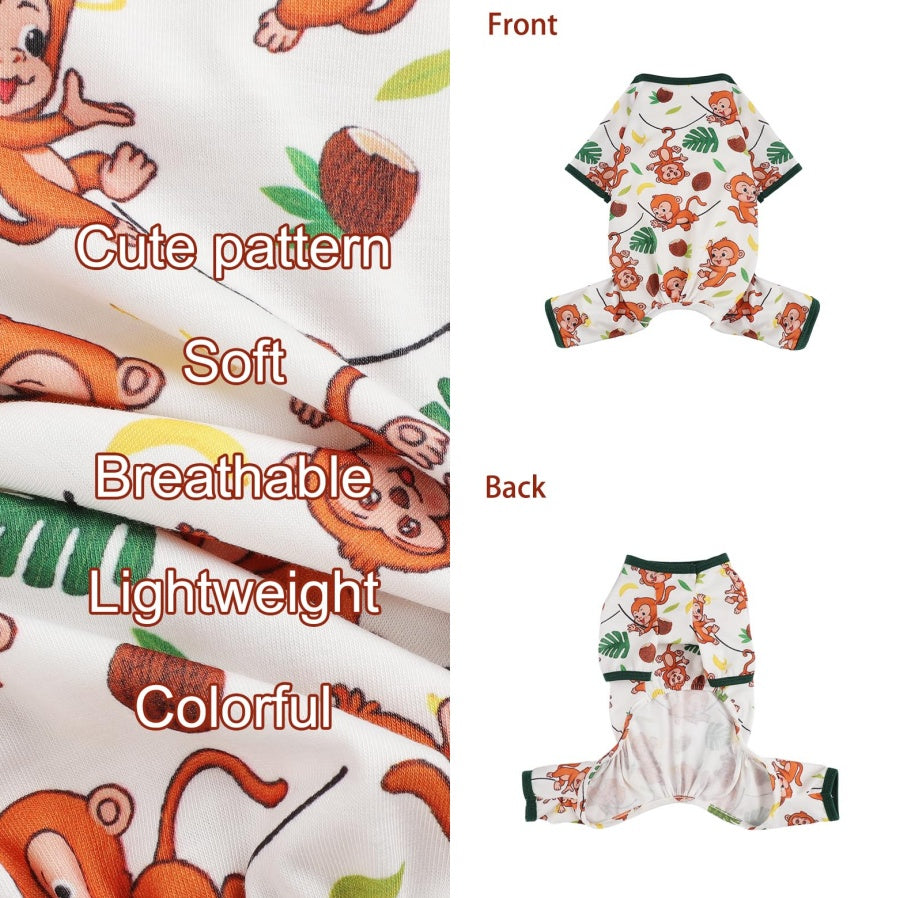 Dog Pajamas PJs – Soft Stretchy Clothes for Small Dogs & Cats, Brown Monkey Print Onesies for Puppies, Chihuahuas & Yorkies