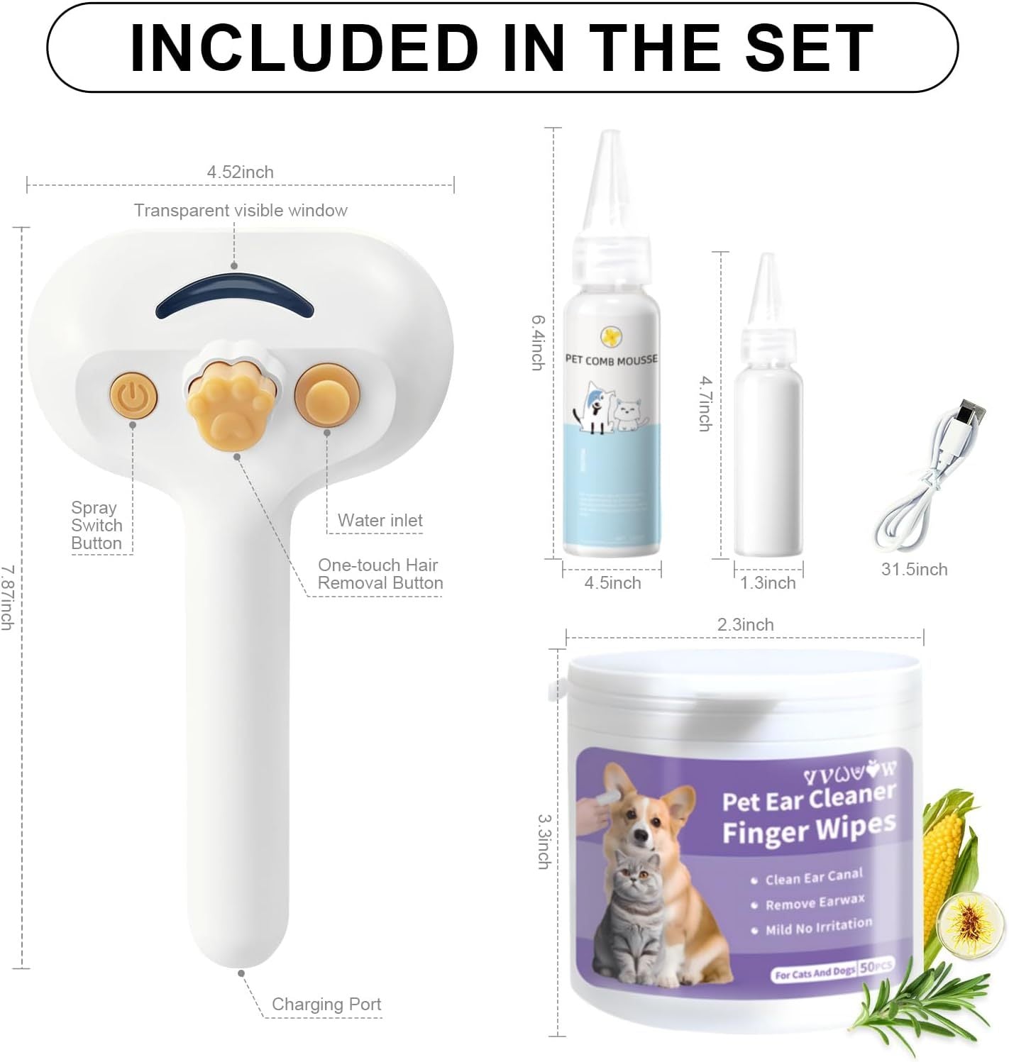 Universal 3-in-1 Pet Steam Brush – Spray Hair Removal Comb with Waterless Shampoo & Ear Cleaning Towel for Dogs & Cats