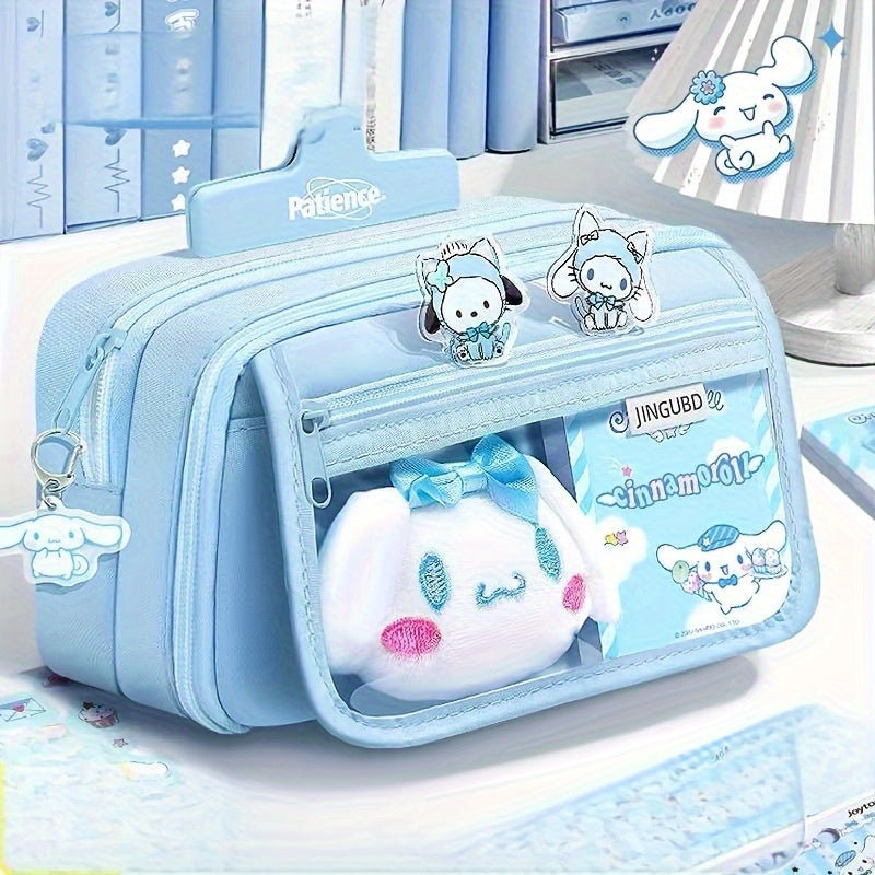 Large Capacity Transparent Pencil Box – Purple Canvas Stationery Organizer with Kawaii Character Design & Stickers for School Supplies ✏️🟣