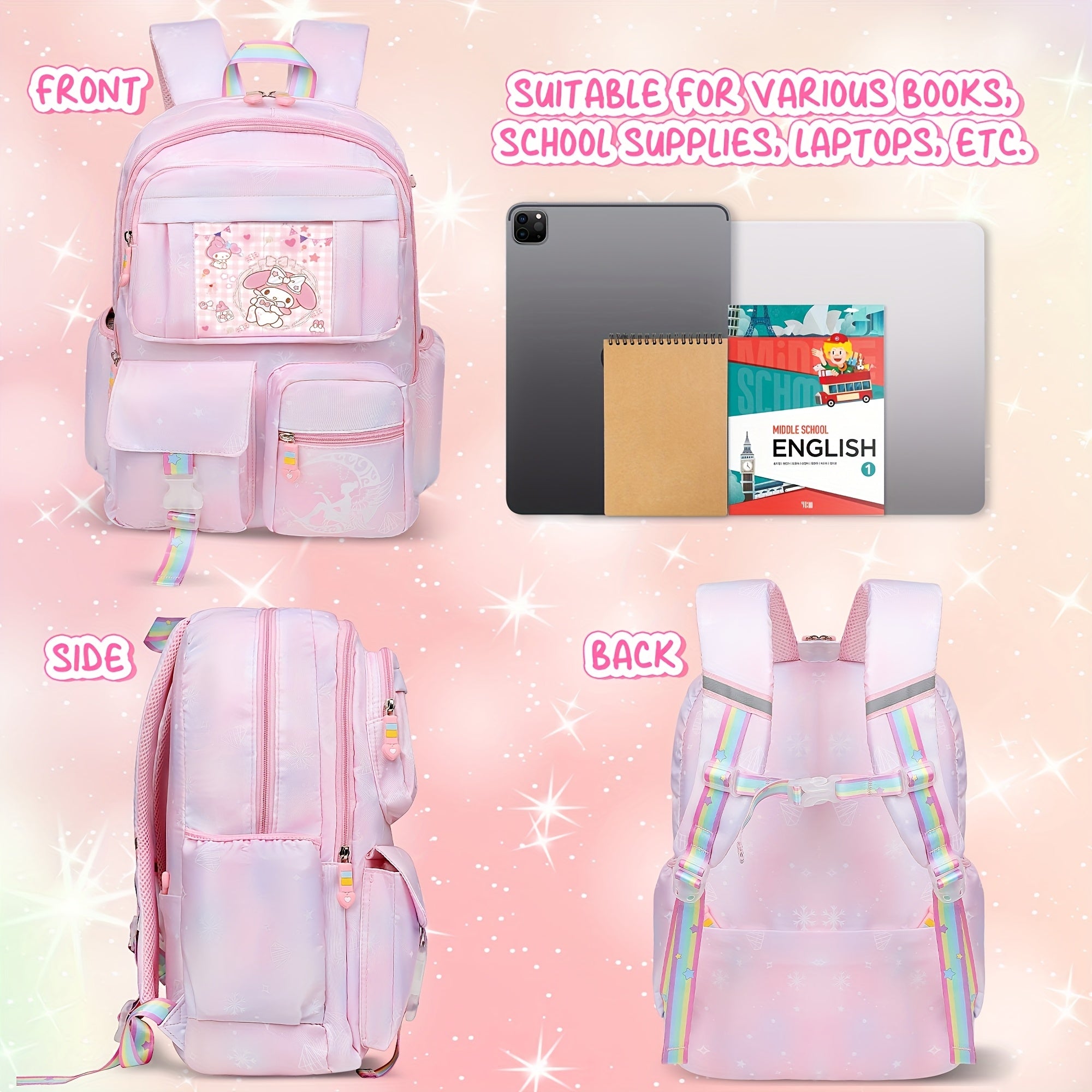 Sanrio My Melody Large Capacity Backpack Set – Includes Backpack, 6 Badge Pins & Stationery Set