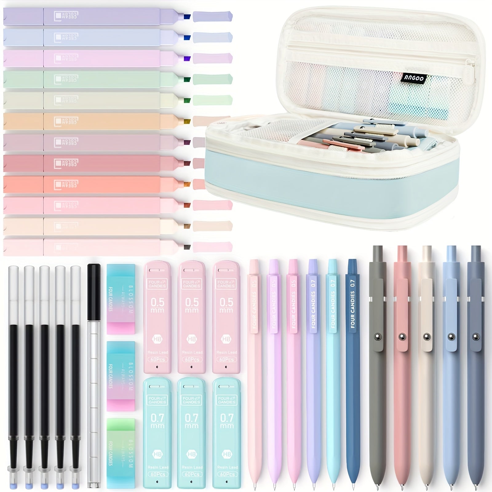 39-Piece Aesthetic School Supplies Set – Pastel Highlighters, Gel Pens, Mechanical Pencils & Cute Pen Case