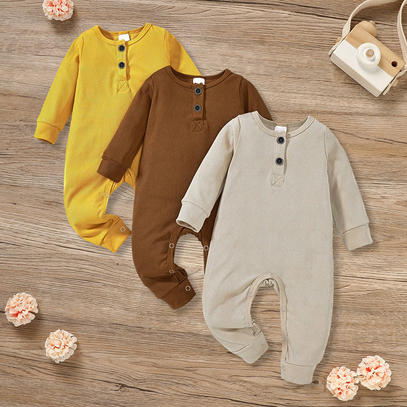 3-Pack Baby Rompers – Long Sleeve Ribbed Jumpsuit with Soft Cotton Fabric & Button-Front Design for Boys & Girls