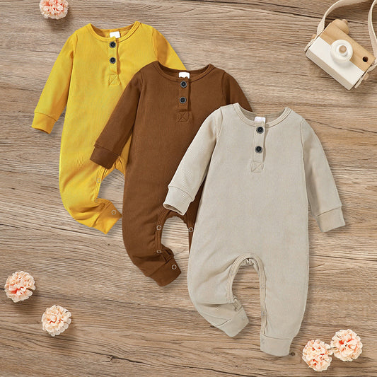 3-Pack Baby Rompers – Long Sleeve Ribbed Jumpsuit with Soft Cotton Fabric & Button-Front Design for Boys & Girls