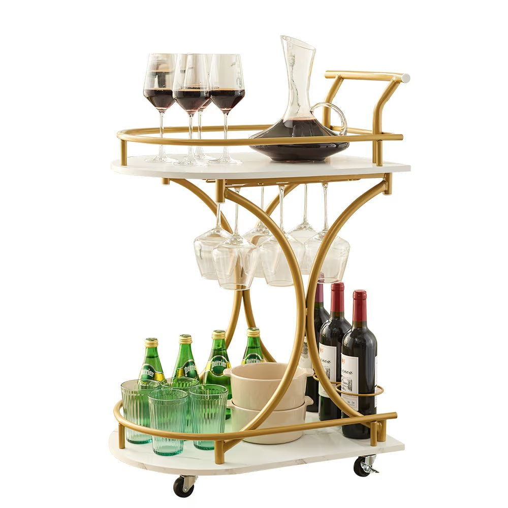 2-Tier Rolling Bar Cart with Wine Rack - Gold Metal & Mirror Serving Trolley
