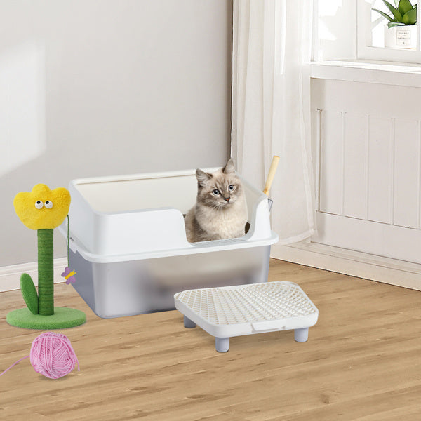 Stainless Steel Cat Litter Box with Plastic Buckle, Shovel & Foot Pad – White