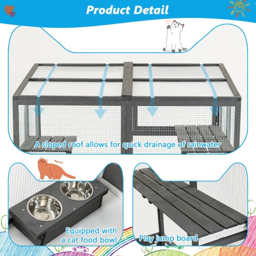 Outdoor Wooden Cat Catio – Spacious Walk-In Kennel with Platforms, Napping Houses & Solid Wood Construction (Grey)