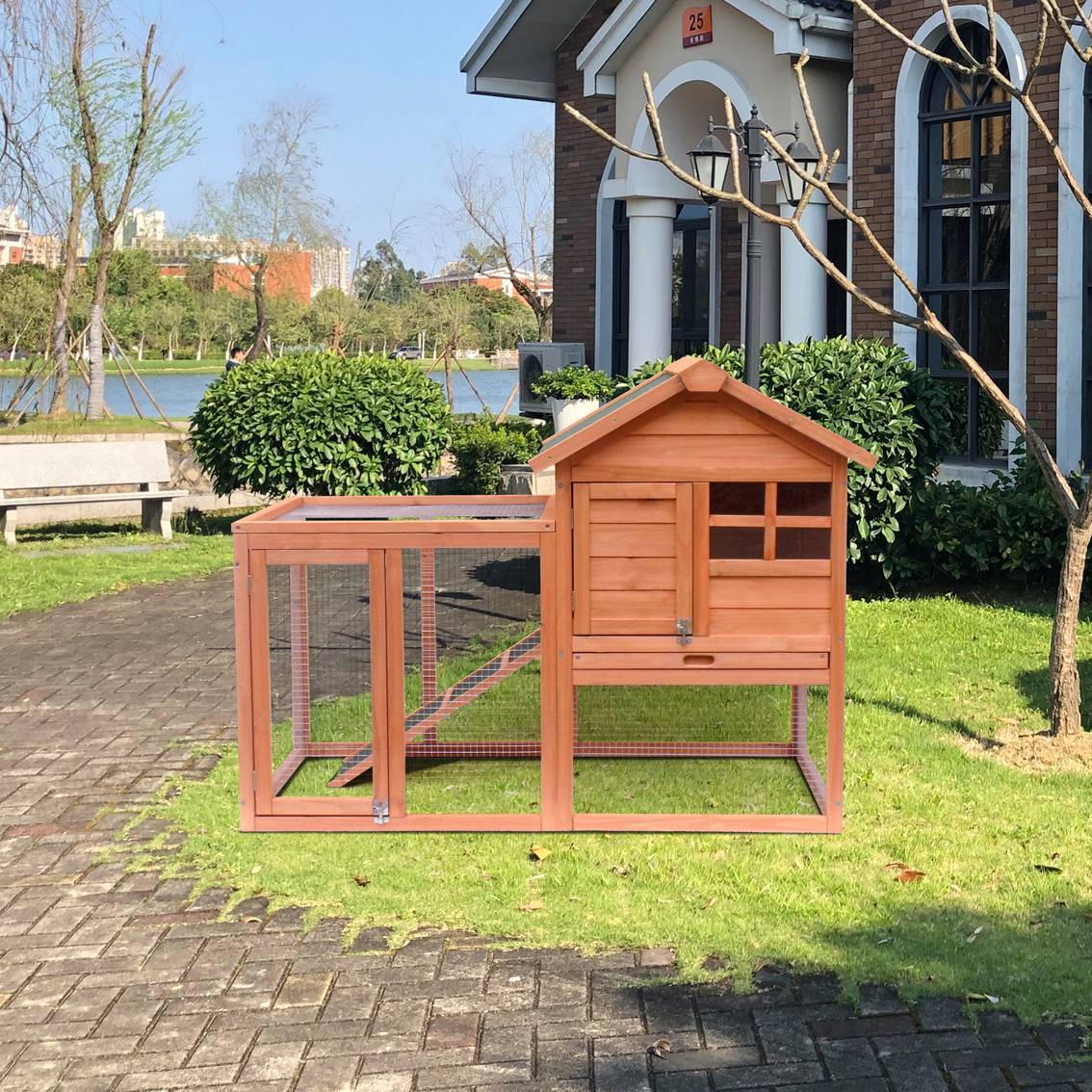 Easily-Assembled Wooden Rabbit & Chicken Coop Kennel with Slide-Out Tray — Outdoor Small Animal Hutch for Garden & Backyard