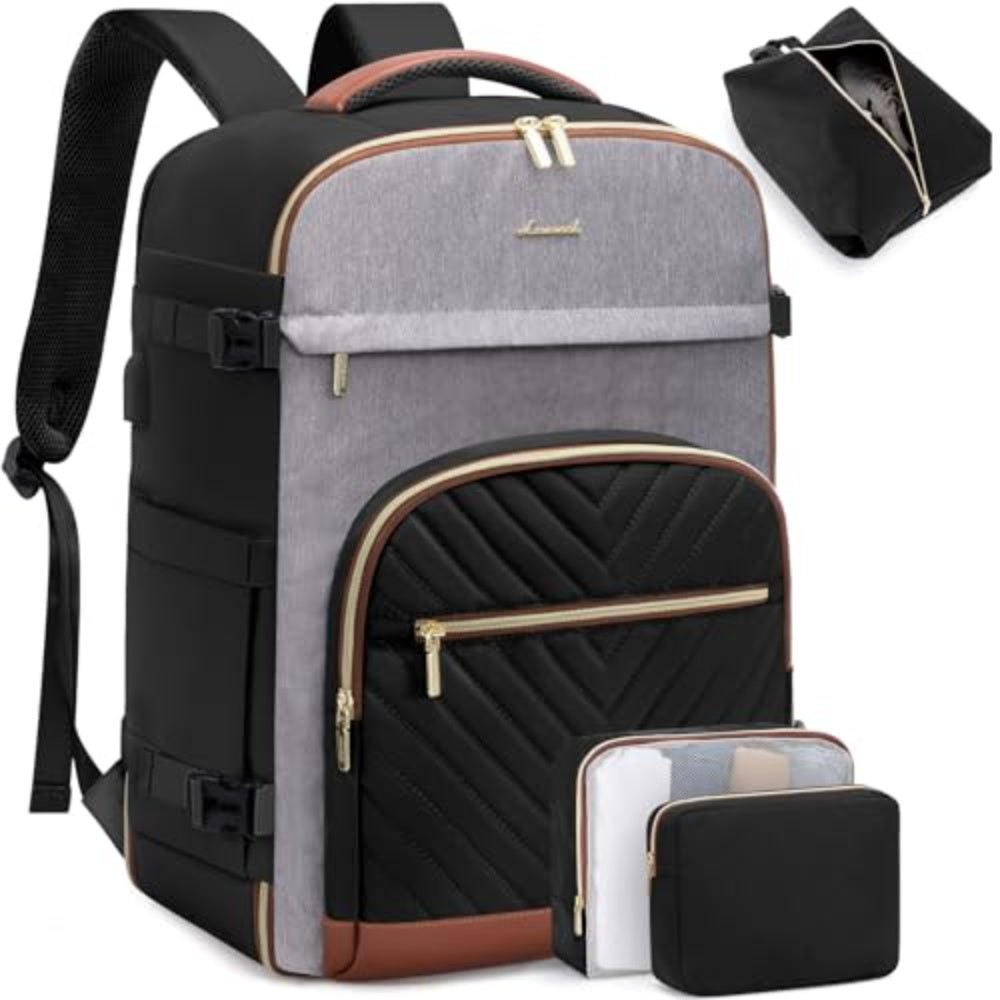 Lovevook Women’s Quilted Travel Backpack – 10.57 gal Capacity, Multi-Compartment Carry-On with 17.3″ Laptop Sleeve (Black/White/Brown)