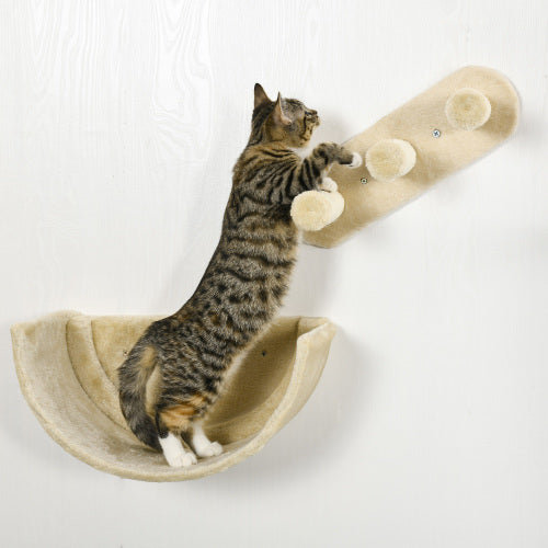 PawHut Cat Wall Shelves Set – 4-Piece Cat Wall Furniture with Hammock, 3 Steps, Perches & Scratching Post for Sleeping & Playing (Beige)