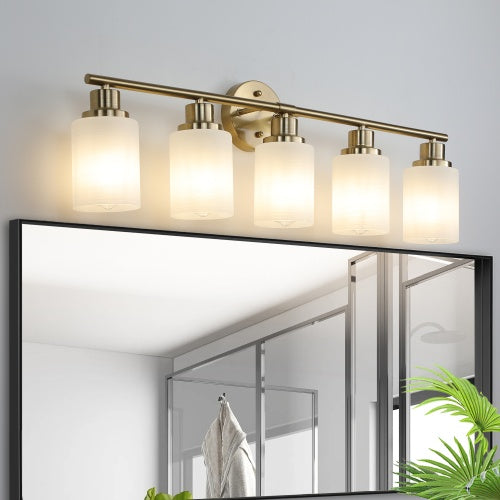 Modern 5-Light Gold Vanity Light with Frosted Glass Shades