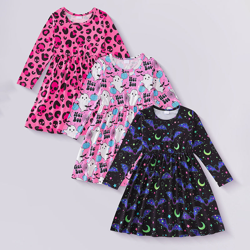 3pcs Toddler Girls Halloween Dress Set – Long Sleeve A-Line Outfit with Skull, Ghost & Bats Print, Spooky Party Costume for Kids