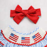 Baby Girl 4th of July Outfit – American Flag Embroidered Smocked Bubble Romper with Matching Headband