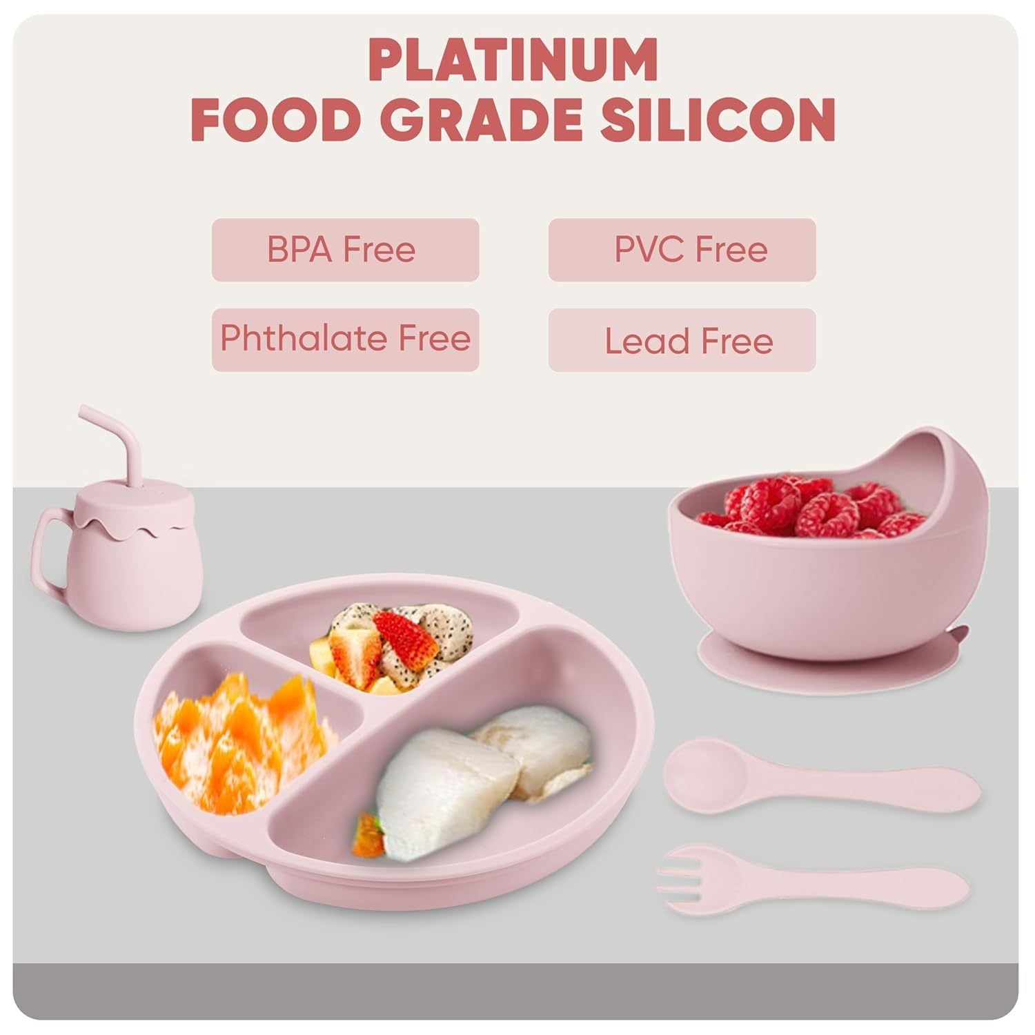 Silicone Baby Feeding Set 10 PCS – Suction Bowl, Divided Plate, Bib, Spoon & Fork, Snack Cup (Sakura Pink)