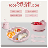 Silicone Baby Feeding Set 10 PCS – Suction Bowl, Divided Plate, Bib, Spoon & Fork, Snack Cup (Sakura Pink)