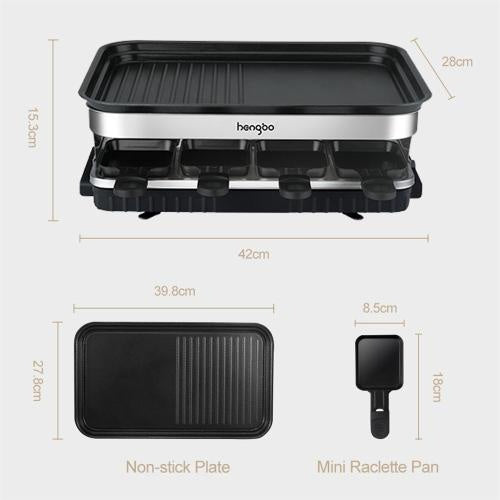 8-Person Non-Stick Raclette Grill – 1500 W Adjustable Tabletop Grill with Mini Pans and Stepped Griddle Top