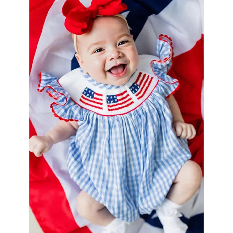 Baby Girl 4th of July Outfit – American Flag Embroidered Smocked Bubble Romper with Matching Headband