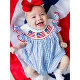 Baby Girl 4th of July Outfit – American Flag Embroidered Smocked Bubble Romper with Matching Headband